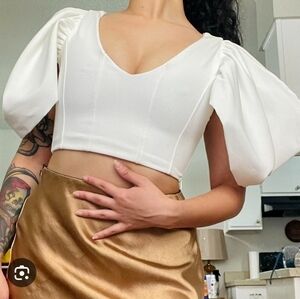 Zara White V-neck Puff Sleeve Corset Style Crop Blouse Top